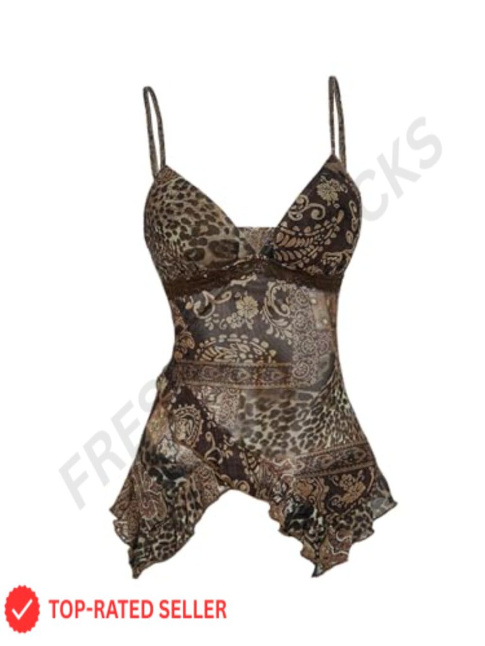 Y2K Paisley Sheer Mesh Ruffle Cami Babydoll Top